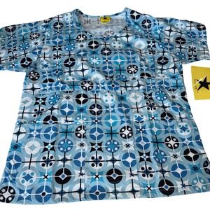 Black Star Women Blue Geometric Print Scrub Top V-Neck Empire Waist 720 XS NEW